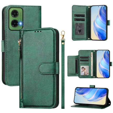 For Motorola Moto G35 5G Case Zipper Pocket Multiple Card Slots Leather Phone Cover - Green
