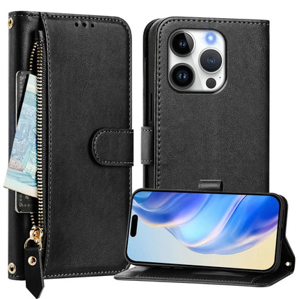 For iPhone 16 Pro Case Zipper Pocket Multiple Card Slots Leather Phone Cover