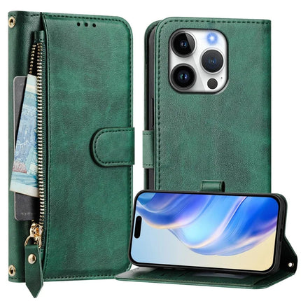 For iPhone 16 Pro Case Zipper Pocket Multiple Card Slots Leather Phone Cover