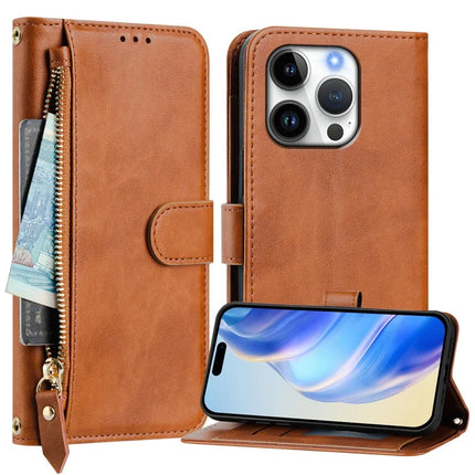 For iPhone 16 Pro Case Zipper Pocket Multiple Card Slots Leather Phone Cover