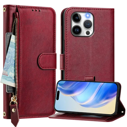 For iPhone 15 Pro Max Case Zipper Pocket Multiple Card Slots Leather Phone Cover