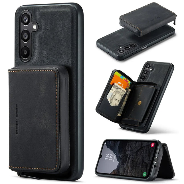 For Samsung Galaxy A16 5G Case JEEHOOD J02 Leather Back Cover with Detachable Zipper Card Holder Kickstand - Black