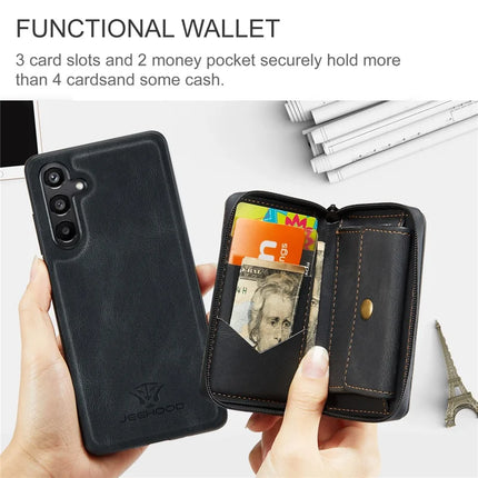 For Samsung Galaxy A16 5G Case JEEHOOD J02 Leather Back Cover with Detachable Zipper Card Holder Kickstand
