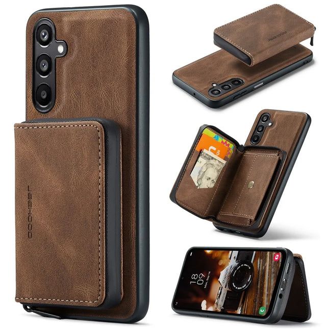 For Samsung Galaxy A16 5G Case JEEHOOD J02 Leather Back Cover with Detachable Zipper Card Holder Kickstand - Brown