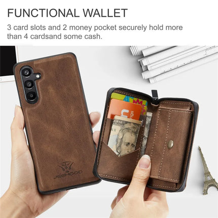 For Samsung Galaxy A16 5G Case JEEHOOD J02 Leather Back Cover with Detachable Zipper Card Holder Kickstand