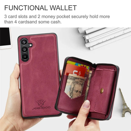 For Samsung Galaxy A16 5G Case JEEHOOD J02 Leather Back Cover with Detachable Zipper Card Holder Kickstand