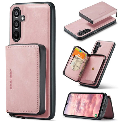 For Samsung Galaxy A16 5G Case JEEHOOD J02 Leather Back Cover with Detachable Zipper Card Holder Kickstand - Pink