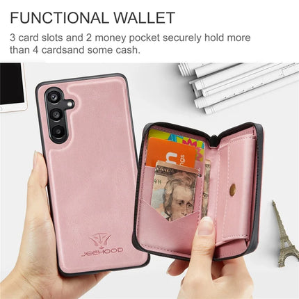 For Samsung Galaxy A16 5G Case JEEHOOD J02 Leather Back Cover with Detachable Zipper Card Holder Kickstand