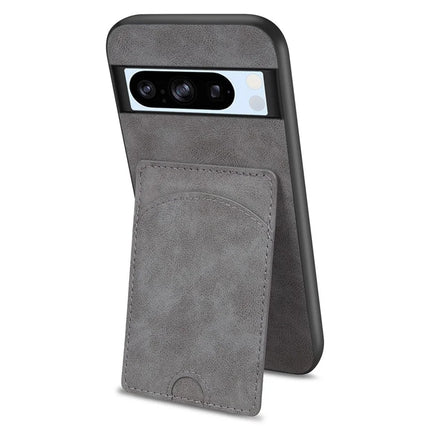 For Google Pixel 9 Pro XL Case Kickstand Leather Coated TPU Phone Cover with Card Slot - Grey