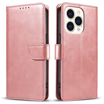 For iPhone 16 Pro Case Calf Texture Magnetic Clasp Wallet PU Leather Phone Cover - Rose Gold