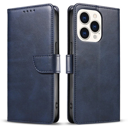 For iPhone 16 Pro Max Case Calf Texture Magnetic Clasp Wallet PU Leather Phone Cover - Blue