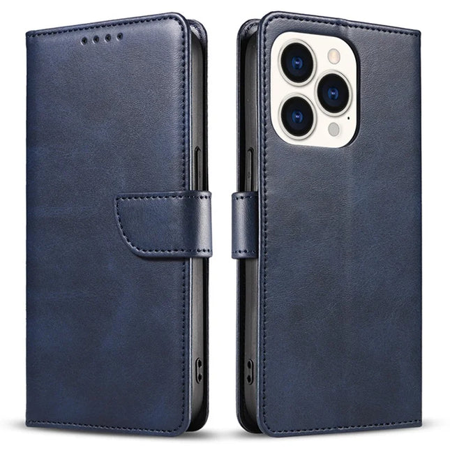 For iPhone 16 Pro Max Case Calf Texture Magnetic Clasp Wallet PU Leather Phone Cover - Blue