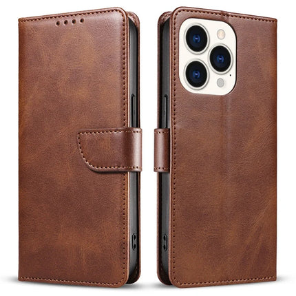 For iPhone 16 Pro Max Case Calf Texture Magnetic Clasp Wallet PU Leather Phone Cover - Brown