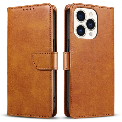 For iPhone 16 Pro Max Case Calf Texture Magnetic Clasp Wallet PU Leather Phone Cover - Khaki
