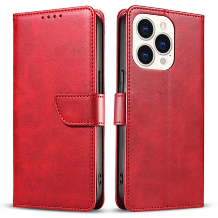 For iPhone 16 Pro Max Case Calf Texture Magnetic Clasp Wallet PU Leather Phone Cover - Red