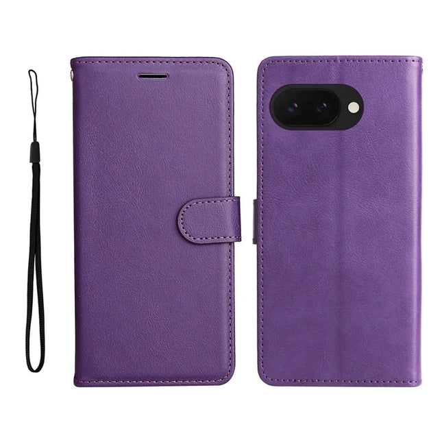 For Google Pixel 9a Case Solid Color Leather Mobile Cover Wallet Stand with Strap - Purple