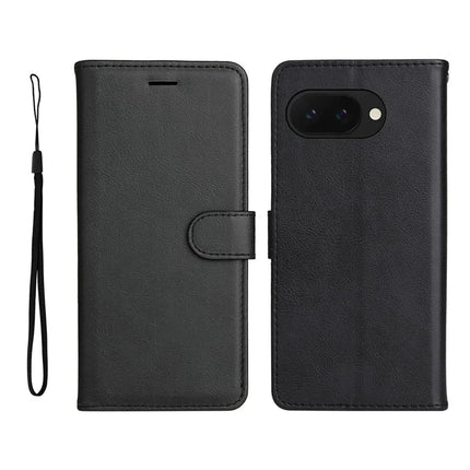 For Google Pixel 9a Case Solid Color Leather Mobile Cover Wallet Stand with Strap - Black