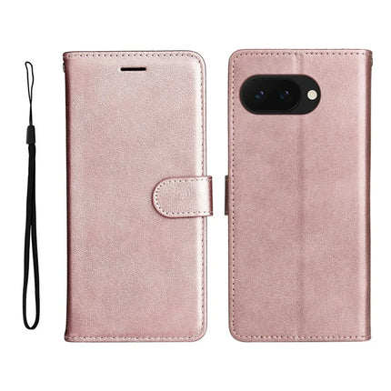 For Google Pixel 9a Case Solid Color Leather Mobile Cover Wallet Stand with Strap - Rose Gold