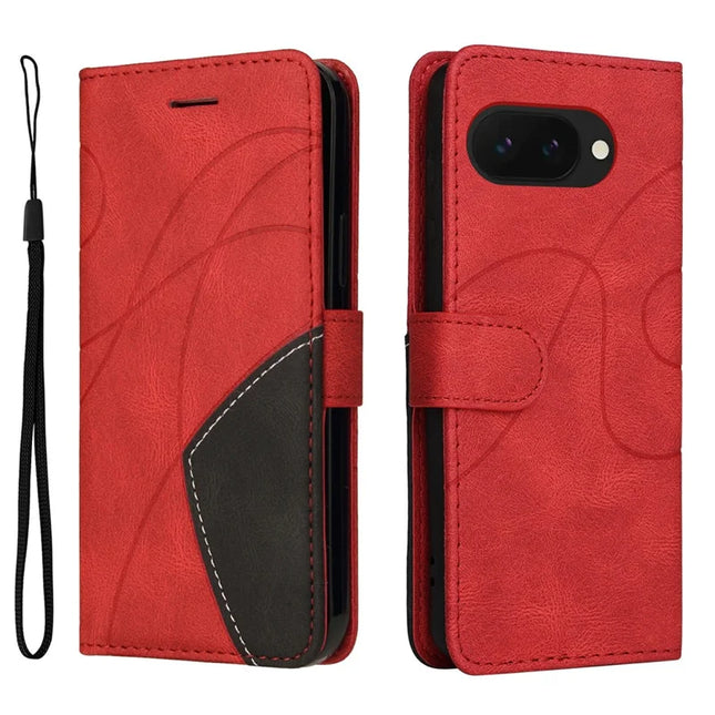 For Google Pixel 9a Leather Case Wallet Stand Color Splicing Phone Cover  - Red