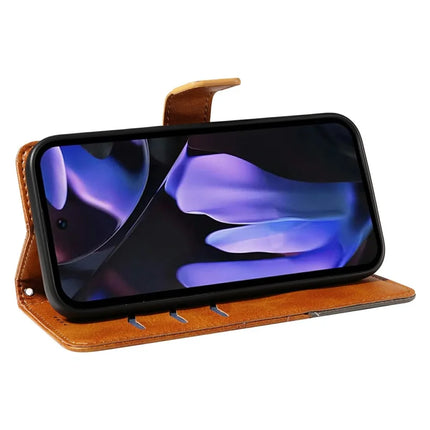For Google Pixel 9a Case Leather Geometric Line Wallet Phone Cover with Wrist Strap