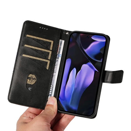 For Google Pixel 9a Case Leather Geometric Line Wallet Phone Cover with Wrist Strap