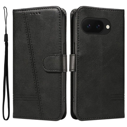 For Google Pixel 9a Case Flip Wallet T-Shape Lines Leather Phone Cover - Black