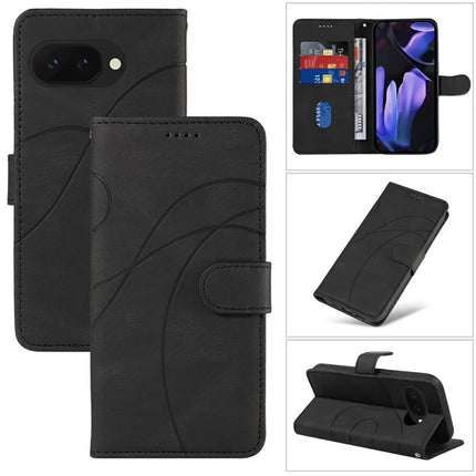 For Google Pixel 9a Case Stand Wallet Leather Phone Cover Curved Line Wrist Strap