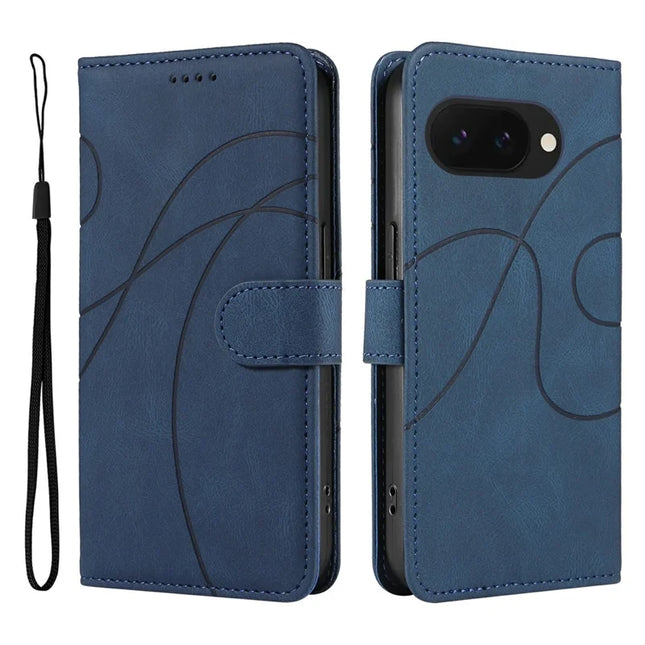 For Google Pixel 9a Case Stand Wallet Leather Phone Cover Curved Line Wrist Strap - Blue