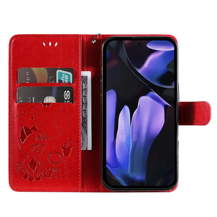 For Google Pixel 9a Case Cat Bee Pattern Leather Phone Cover