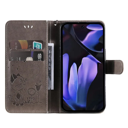 For Google Pixel 9a Case Cat Bee Pattern Leather Phone Cover