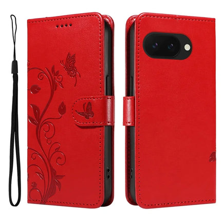For Google Pixel 9a Case Flower Pattern PU Leather Wallet Phone Cover - Red
