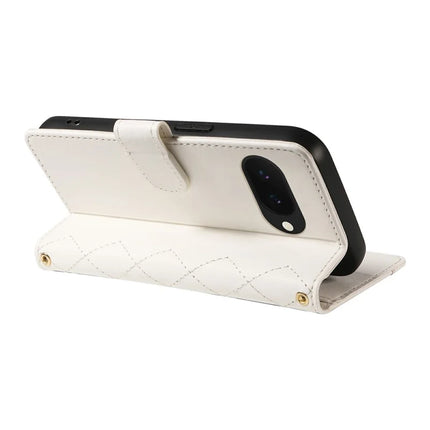 For Google Pixel 9a Wallet Case Rhombus Leather Phone Cover with Shoulder Strap, Wrist Strap