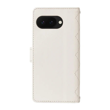 For Google Pixel 9a Wallet Case Rhombus Leather Phone Cover with Shoulder Strap, Wrist Strap