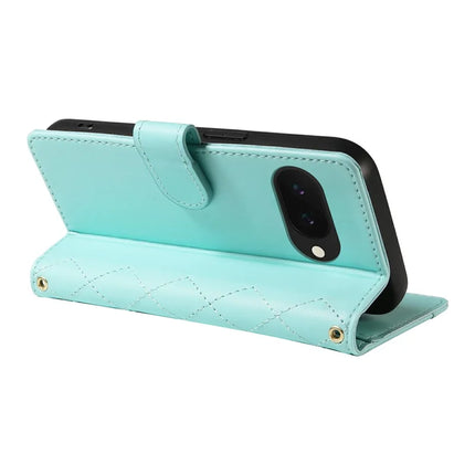 For Google Pixel 9a Wallet Case Rhombus Leather Phone Cover with Shoulder Strap, Wrist Strap