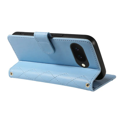 For Google Pixel 9a Wallet Case Rhombus Leather Phone Cover with Shoulder Strap, Wrist Strap