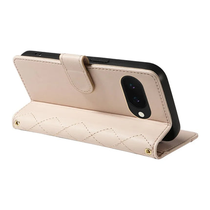 For Google Pixel 9a Wallet Case Rhombus Leather Phone Cover with Shoulder Strap, Wrist Strap