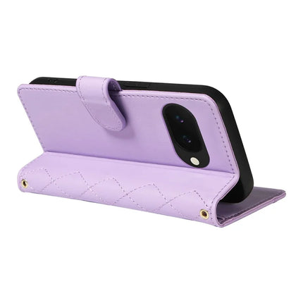 For Google Pixel 9a Wallet Case Rhombus Leather Phone Cover with Shoulder Strap, Wrist Strap