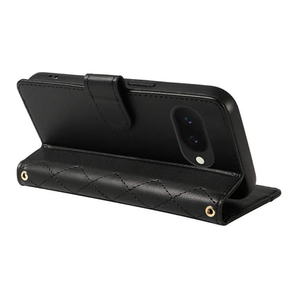 For Google Pixel 9a Wallet Case Rhombus Leather Phone Cover with Shoulder Strap, Wrist Strap