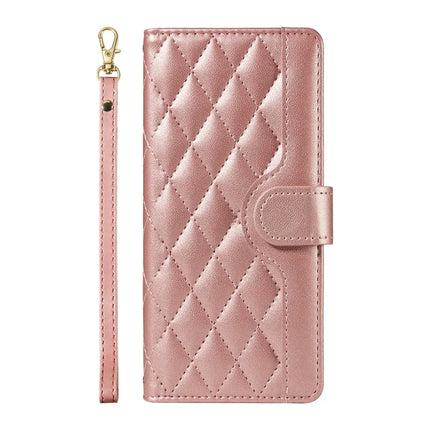 For Google Pixel 9a Wallet Case Rhombus Leather Phone Cover with Shoulder Strap, Wrist Strap