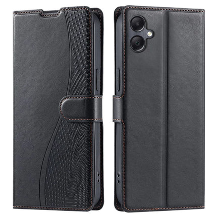 For Samsung Galaxy A06 Case Dots Imprinted PU Leather Flip Phone Cover with Card Slot, Strap - Black