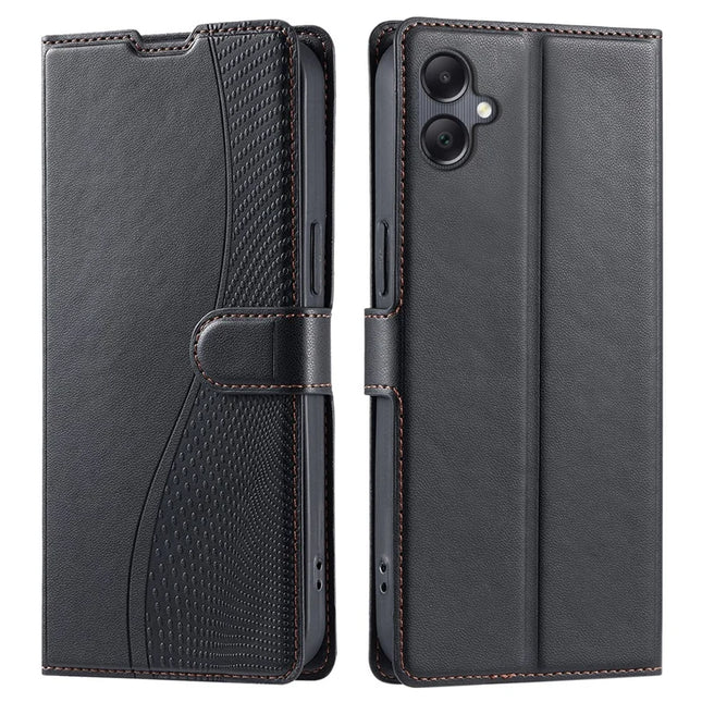 For Samsung Galaxy A06 Case Dots Imprinted PU Leather Flip Phone Cover with Card Slot, Strap - Black