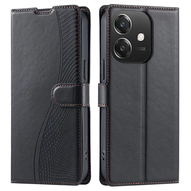 Leather Case for Oppo A3x 4G / 5G (India) / A3 4G / A3 5G / A60 5G / A40 4G Phone Cover with Card Slot, Strap - Black