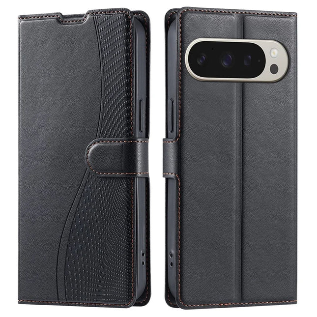 For Google Pixel 9 Pro XL Case Dots Imprinted PU Leather Flip Phone Cover with Card Slot, Strap - Black