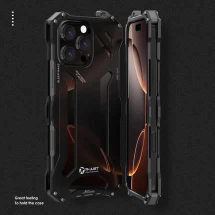 R-JUST For iPhone 16 Pro Max Case Aluminum Alloy Mechanical Armor Hollow Phone Back Cover