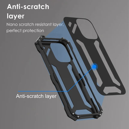 R-JUST For iPhone 16 Pro Max Case Aluminum Alloy Mechanical Armor Hollow Phone Back Cover