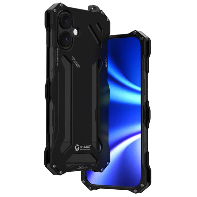 R-JUST For iPhone 16 Plus Case Aluminum Alloy Mechanical Armor Hollow Phone Back Cover - Black
