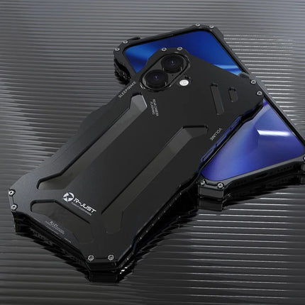 R-JUST For iPhone 16 Plus Case Aluminum Alloy Mechanical Armor Hollow Phone Back Cover