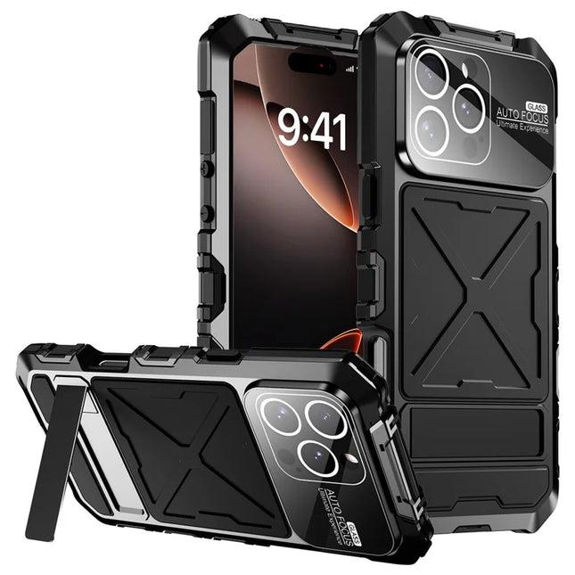 R-JUST RJ09-1 For iPhone 16 Pro Max Case Silicone+Aluminium Alloy Phone Cover with Screen Film - Black