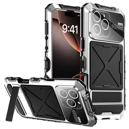 R-JUST RJ09-1 For iPhone 16 Pro Max Case Silicone+Aluminium Alloy Phone Cover with Screen Film - Silver