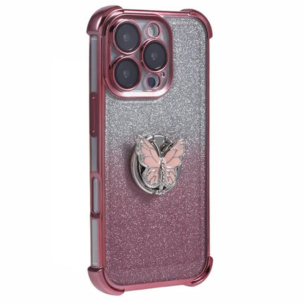 For iPhone 16 Pro Case Butterfly Kickstand Glitter TPU Shockproof Phone Cover - Pink
